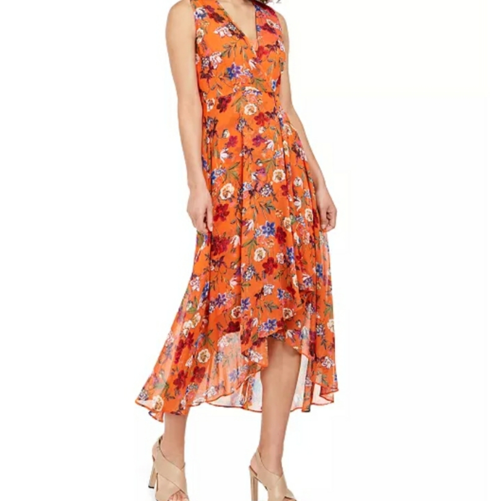 Calvin Klein Orange floral high-low dress. Size 12